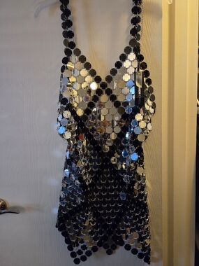 Sequin Mirror Mini Dress in Silver and Black